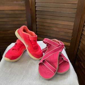 2 Pairs of Shoes: Nike Pink Tennis Shoes and Teva Pink Sandals